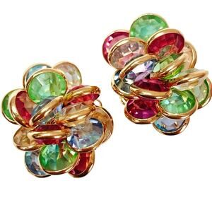 VTG 50s Gold Tone Uranium Glass Earrings Clip On Cluster Colorful Sparkly